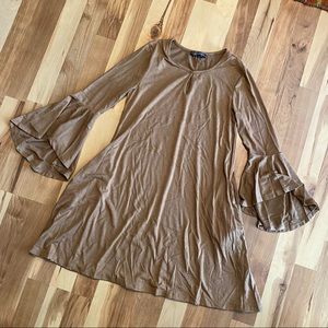 Brown Ruffle Bell Sleeve Key Hole Dress